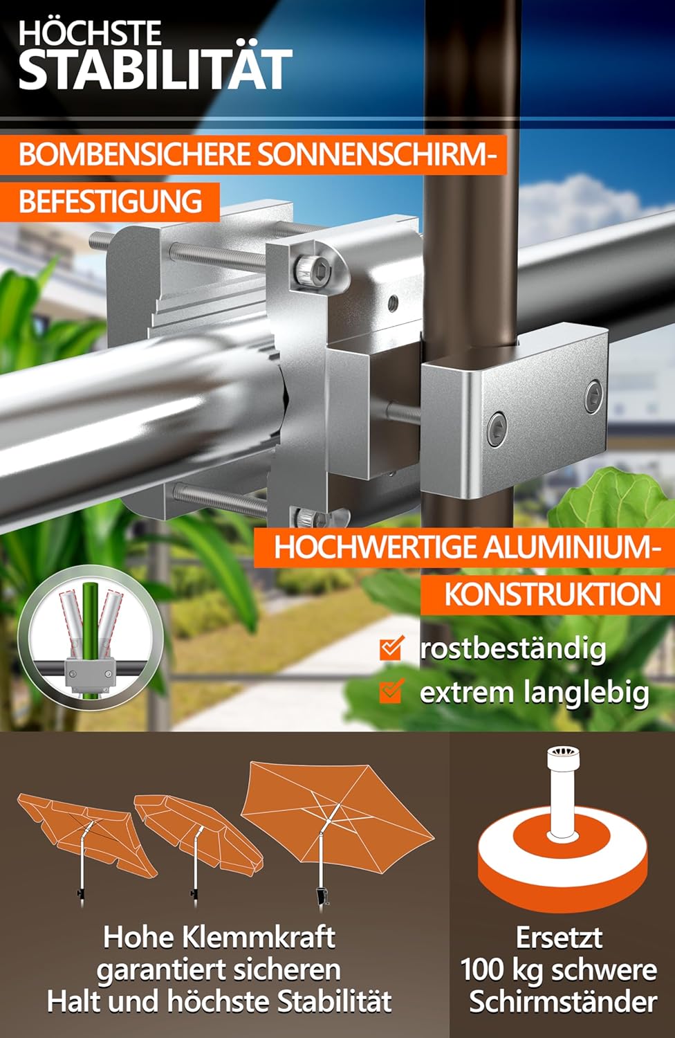 Sonnenschirmhalterung für Balkongeländer, Silber