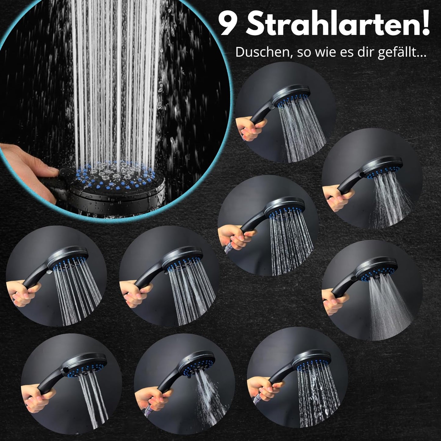 Duschkopf Energy Rain 9, wassersparend, Schwarz - Duschkopf Wassersparend
