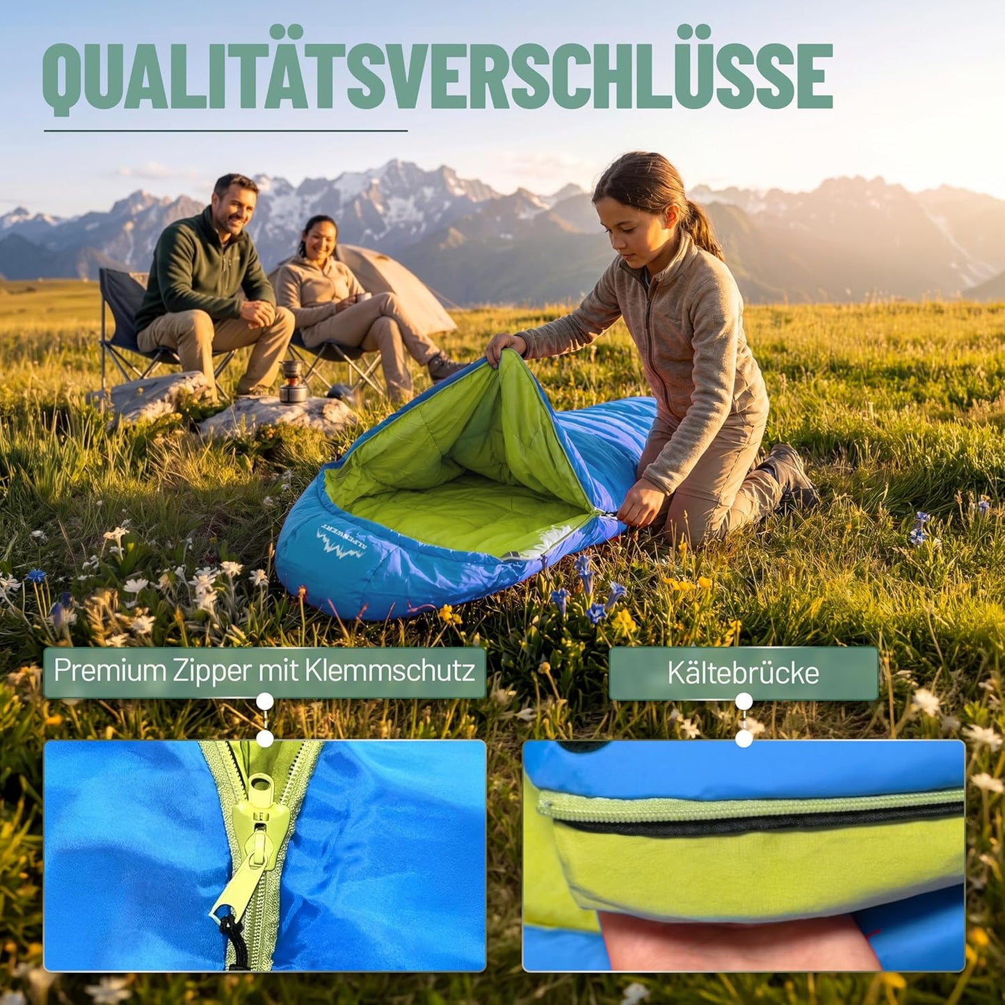 Mitwachsender Kinderschlafsack Sommer, Hellblau/Neongelb