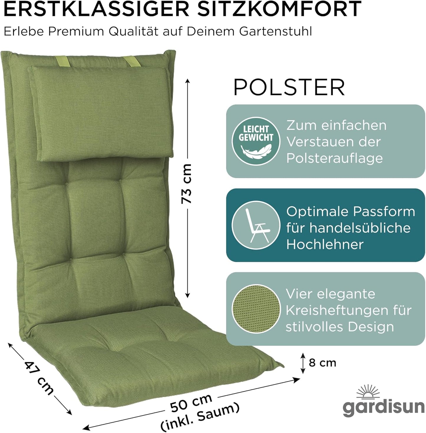 5er-Set Gartenstuhlauflagen Hochlehner mit Kopfteil, 5-Stück Grün (mit Kopfteil)