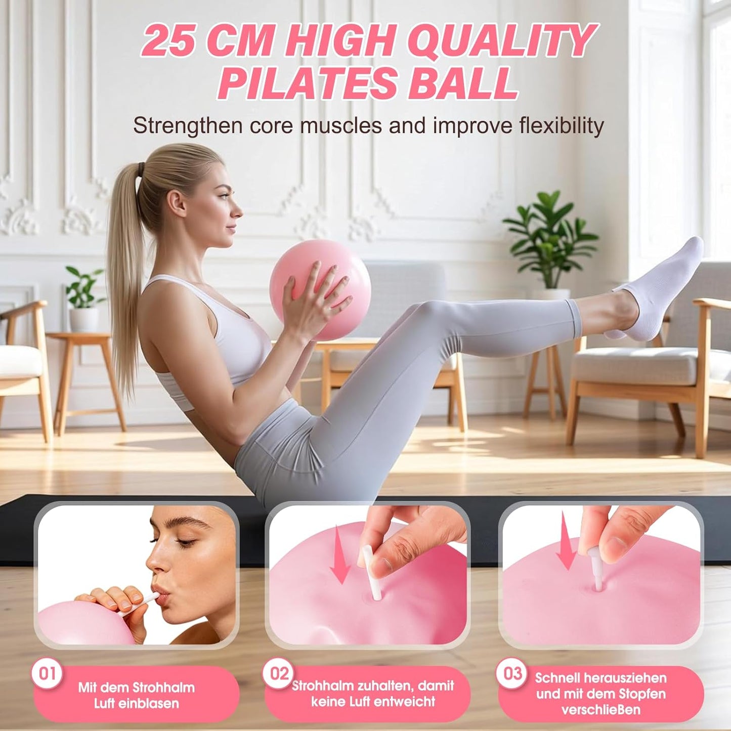 Pilates Set mit Ring, Ball und Fitnessbändern, Pink