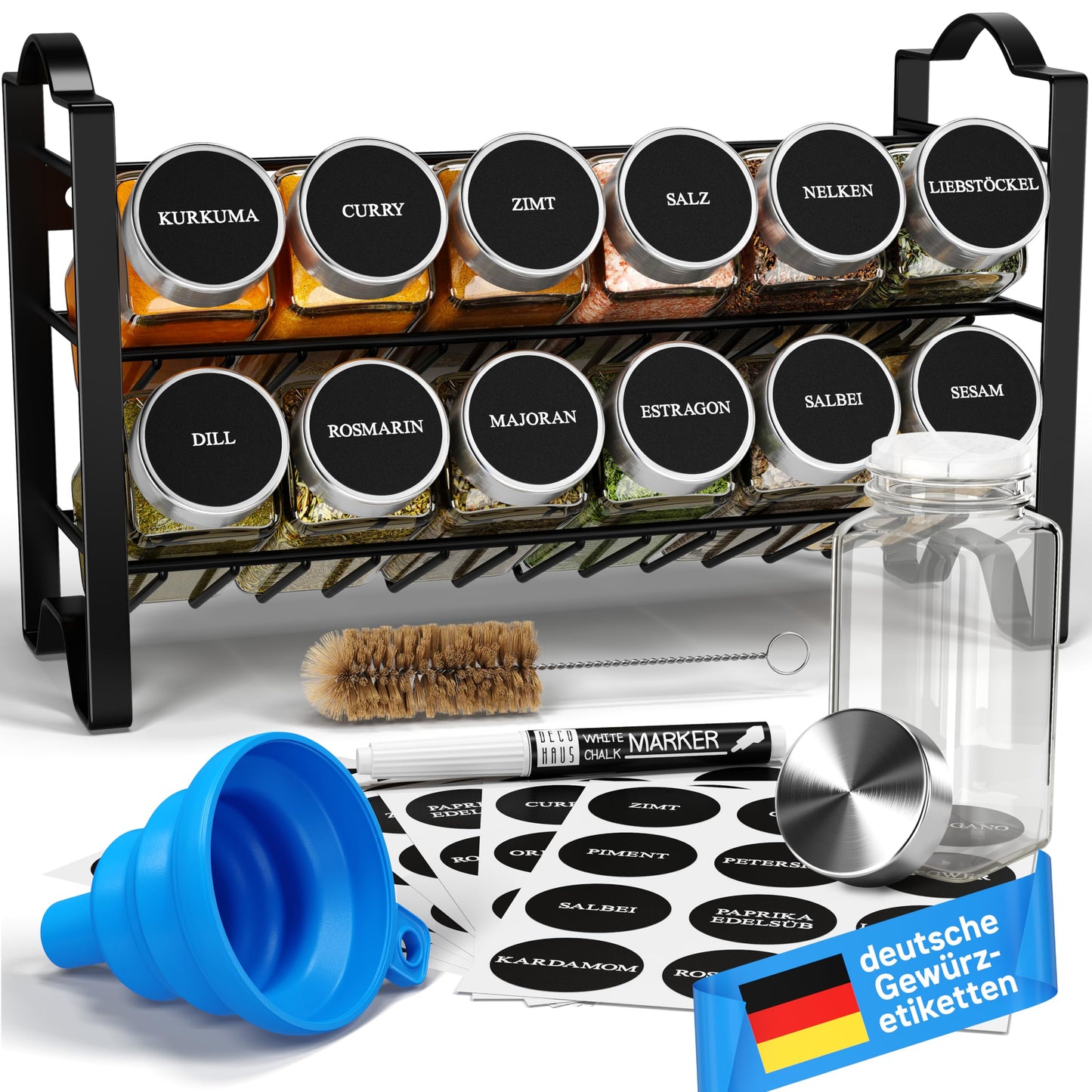 Gewürzregal mit Gewürzgläsern, Farbe: 12 Set - Schwarz, Deckel Edelstahl