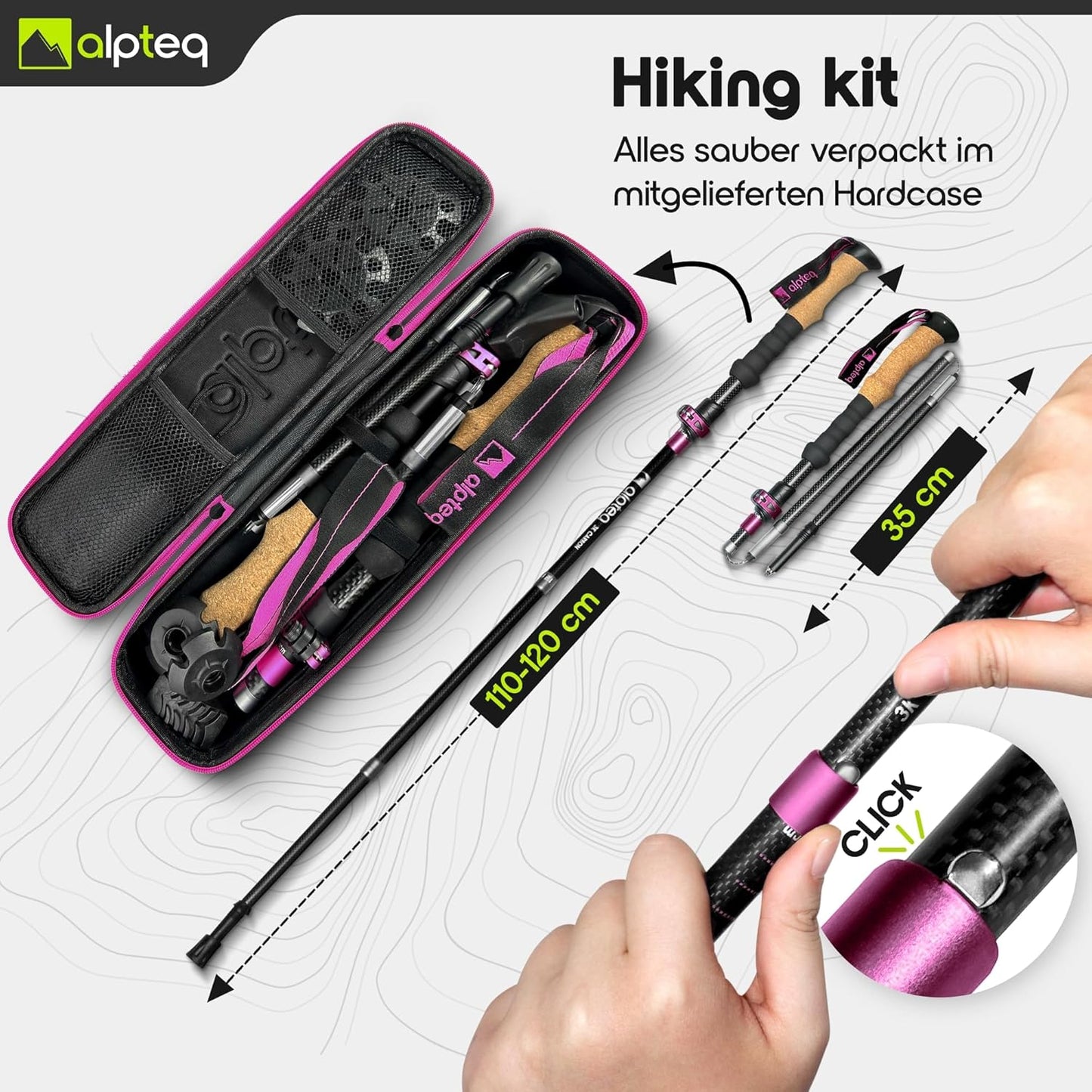 Faltbare Trekkingstöcke, Carbon 100-120 cm | Hot Pink