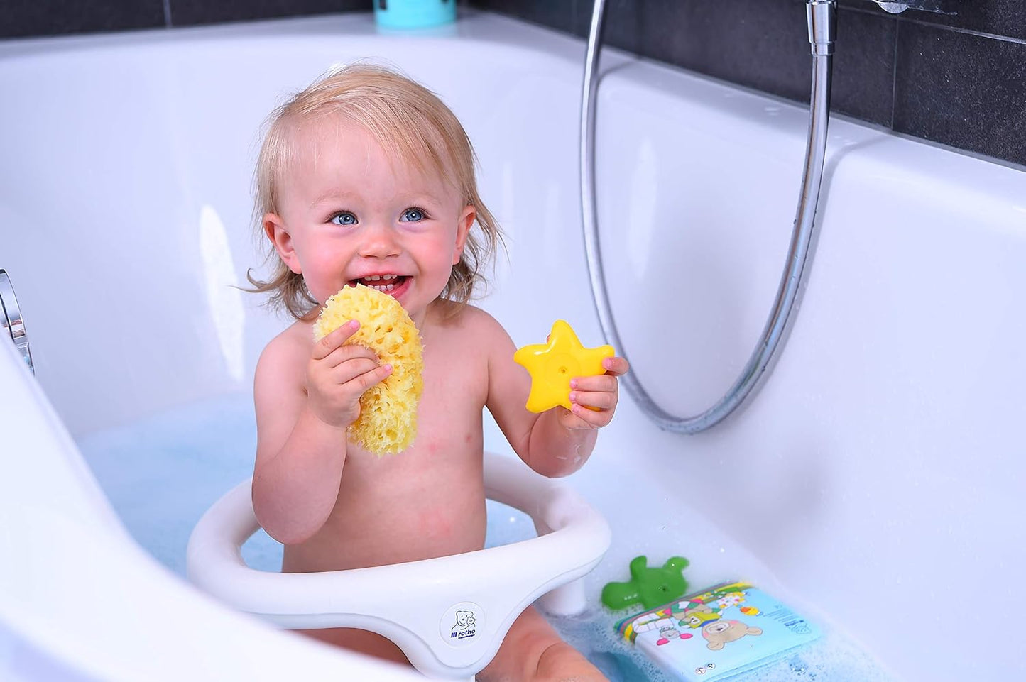 Rutschfester Baby-Badewannensitz mit Kindersicherung, Rotho Babydesign Badesitz - Badesitz - Babybadesitz - Badewannensitz - Babywanne - rutschfest -weiss