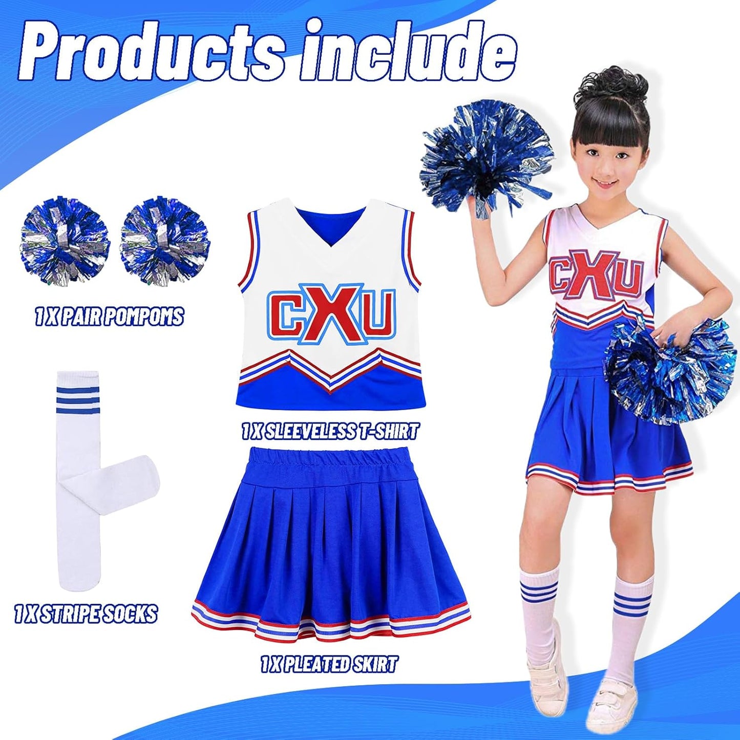 Cheerleader Kostüm mit Pom Poms und Socken, Blau 6-7 Jahre