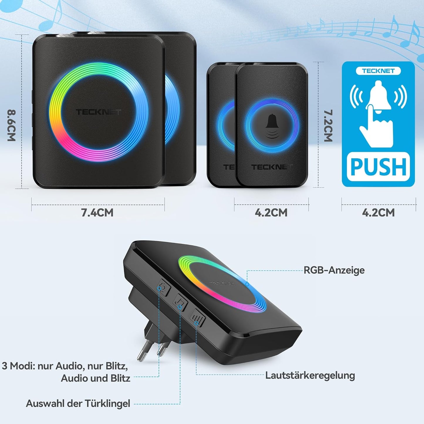 Funkklingel-Set mit 2 Plug-In-Empfänger, 2 Sendern und RGB-Blitz, 2 Empfänger & 2 Sender Schwarz