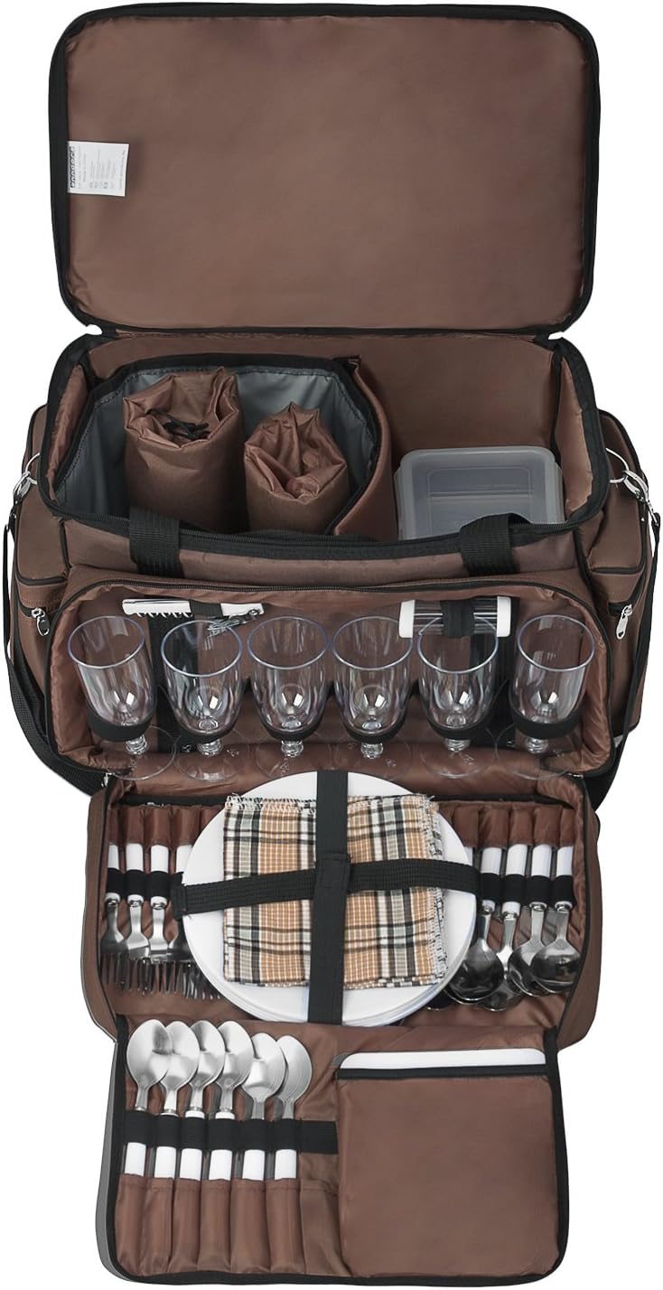 Picknicktasche für 6 Personen, Braun Hellblau Kreise