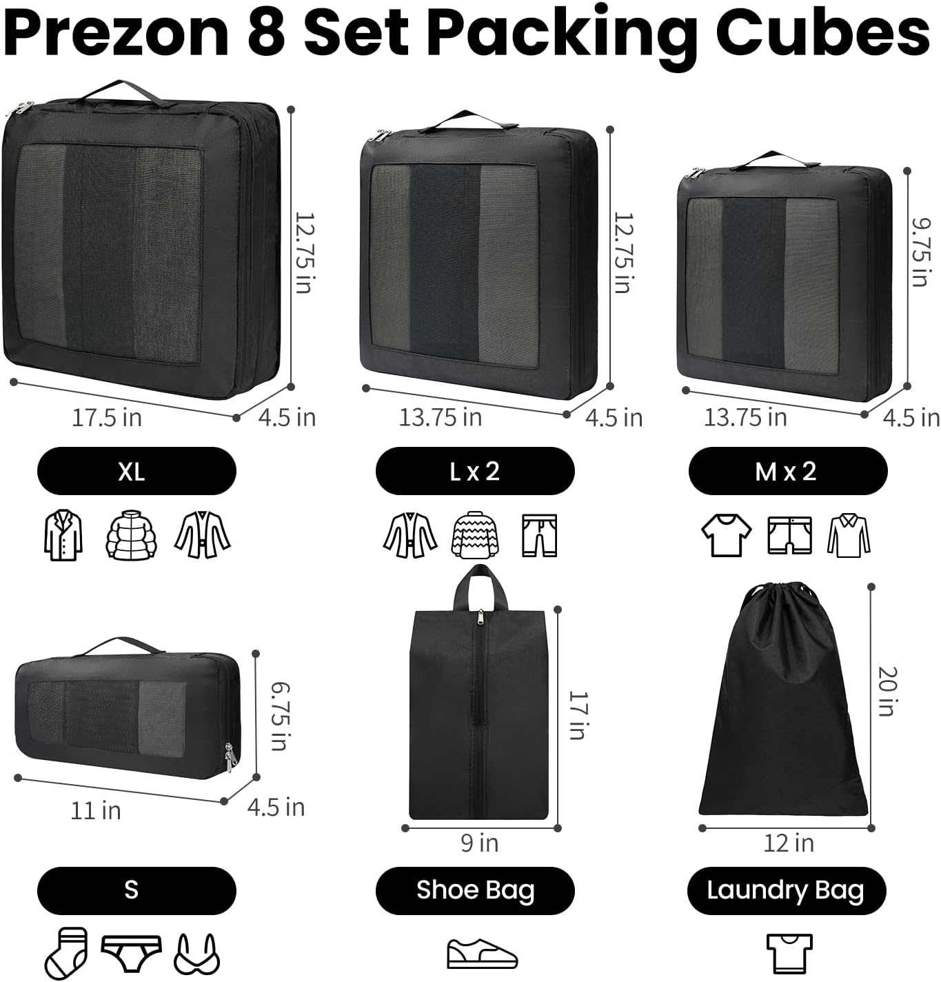 8er-Set Kompressions-Packwürfel, Schwarz 8 Set