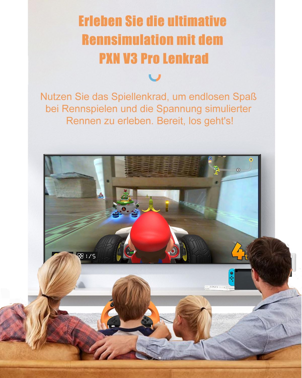 Gaming-Lenkrad mit Pedalen und Vibration, Orange
