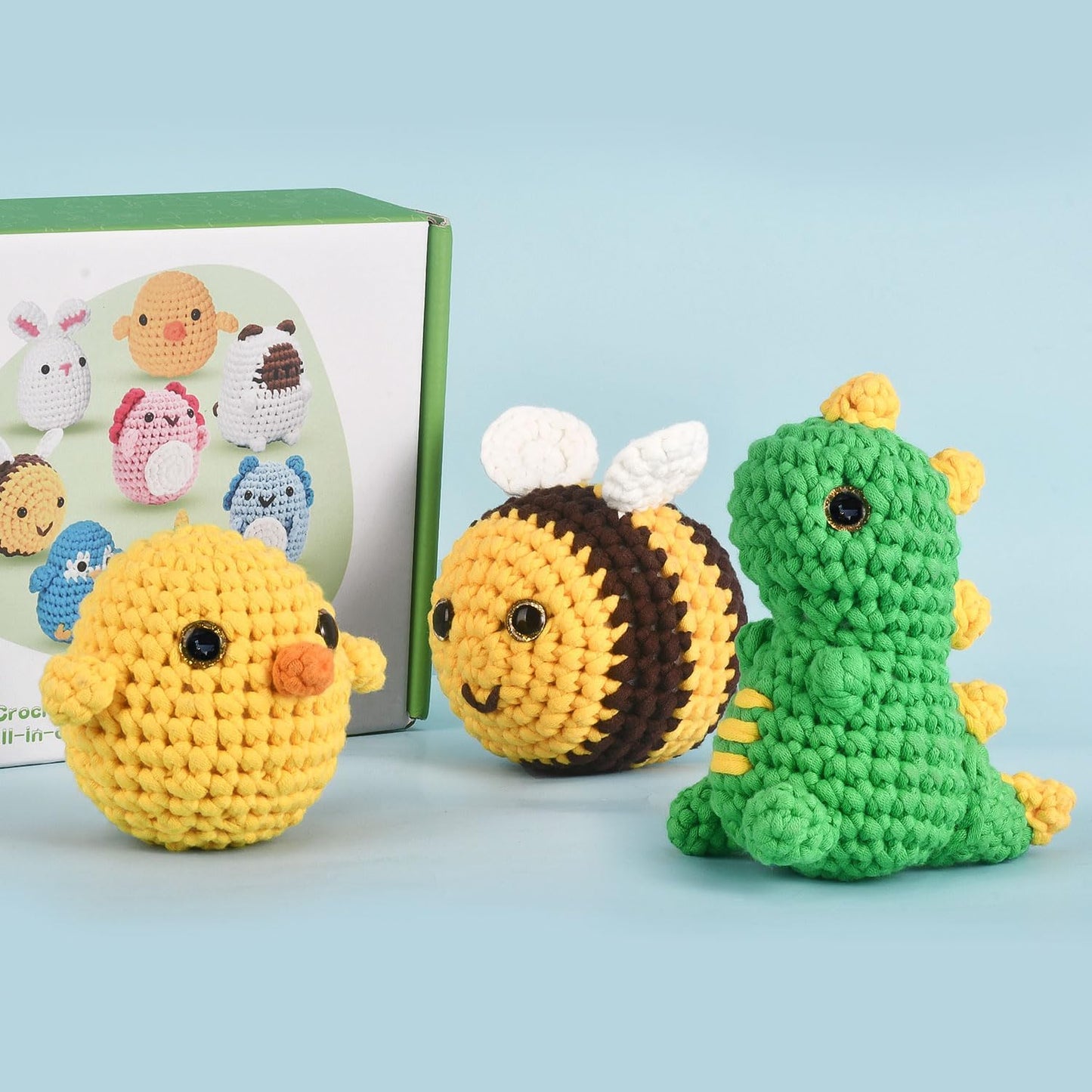 Amigurumi Häkelset mit Dinosaurier, Küken & Biene, anfängerfreundlich, Dinosaurier – Biene – Küken