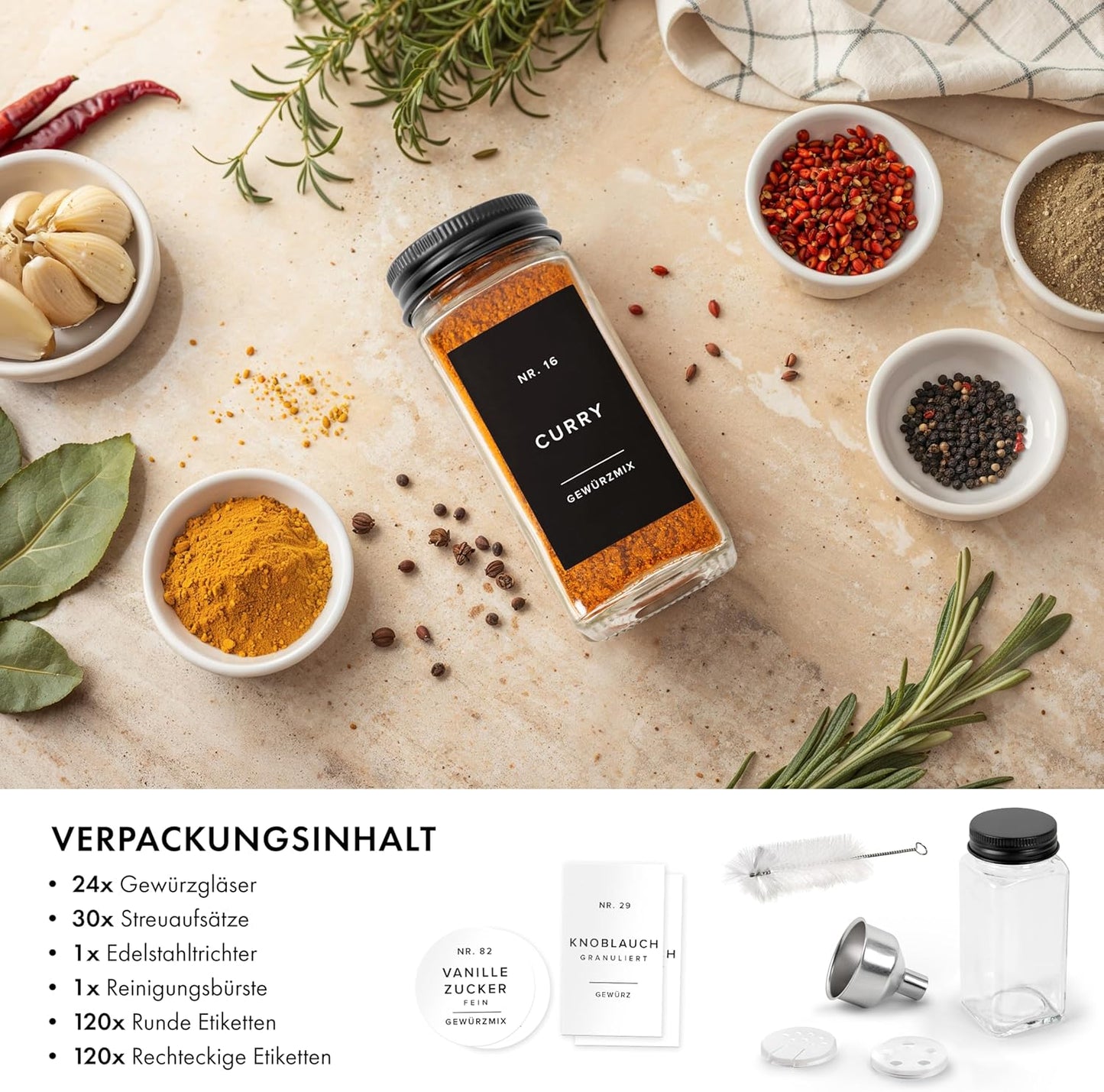 24 x Gewürzgläser-Set mit Deckel, Etiketten, Streueinsätzen und Trichter, 24x Gewürzgläser mit Schwarzem Deckel