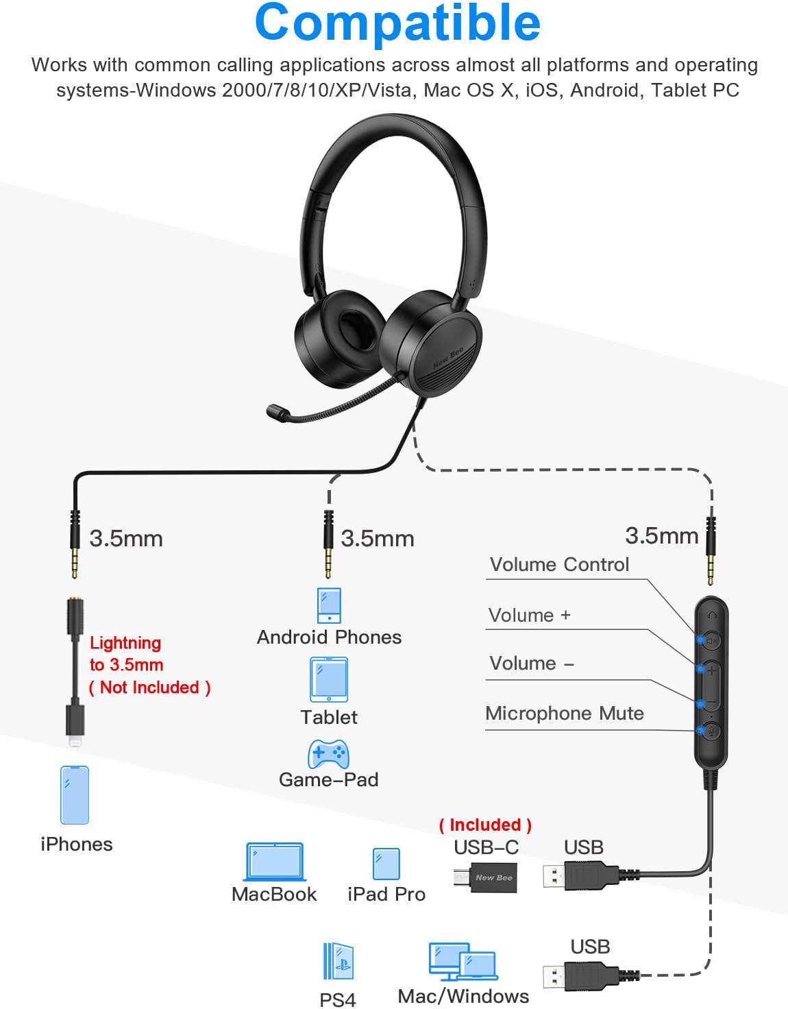Headset mit Mikrofon und Noise Cancelling, 1 pack