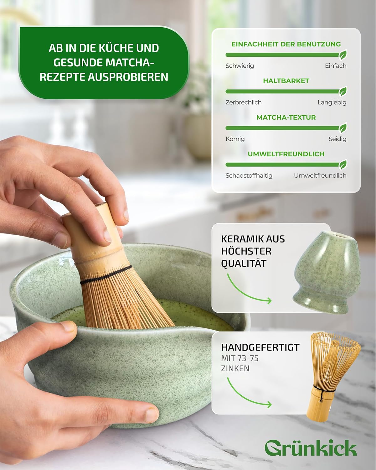 Matcha-Set mit Schale und Besen, Grün