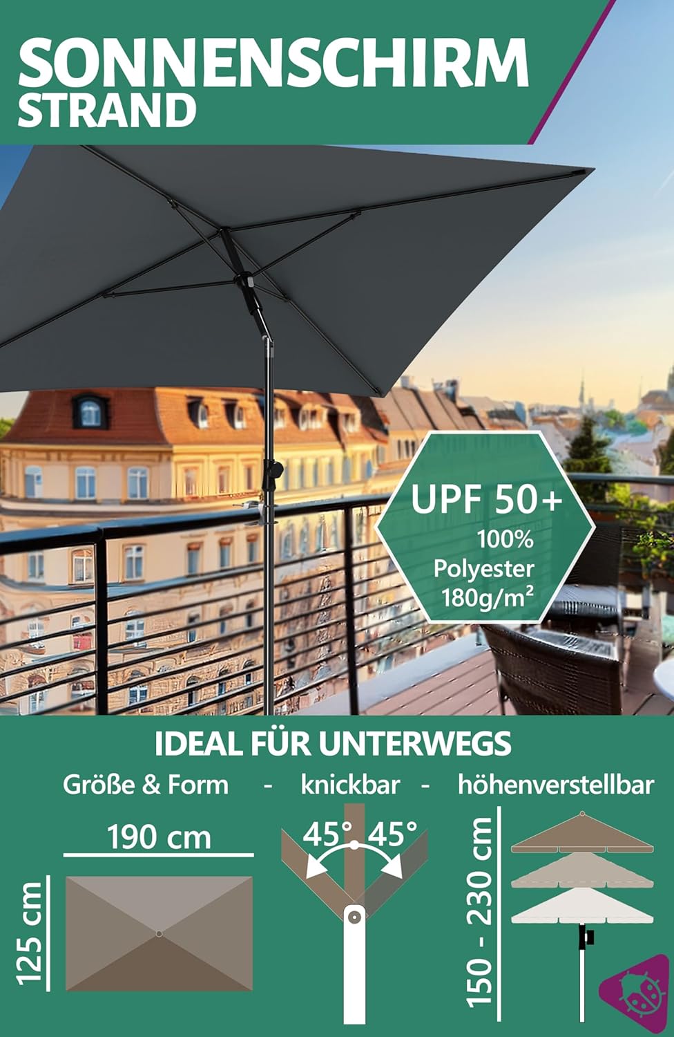 Rechteckiger Balkonschirm mit Knickfunktion, Anthrazit 2er Set – 1 x Schirm mit hülle