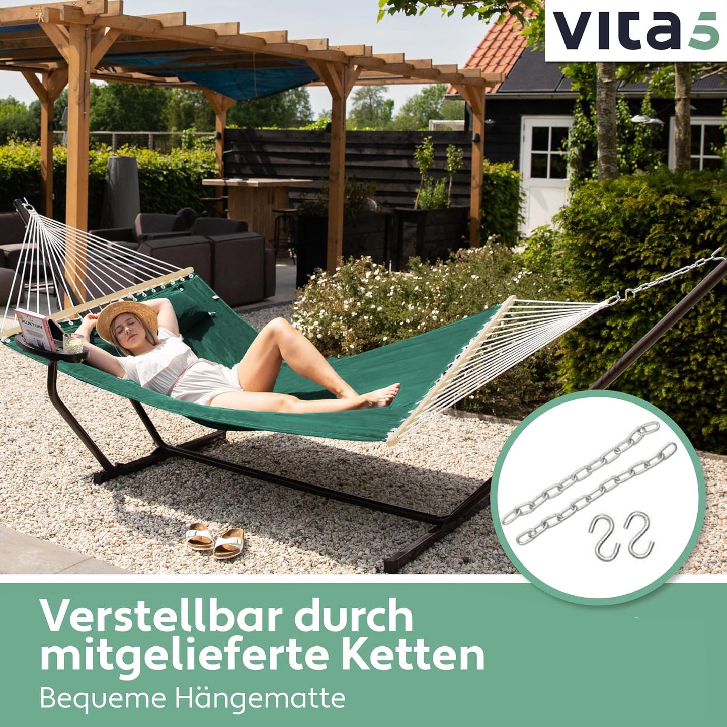 Hängematte mit Gestell und Ablage, Grün mit Tisch