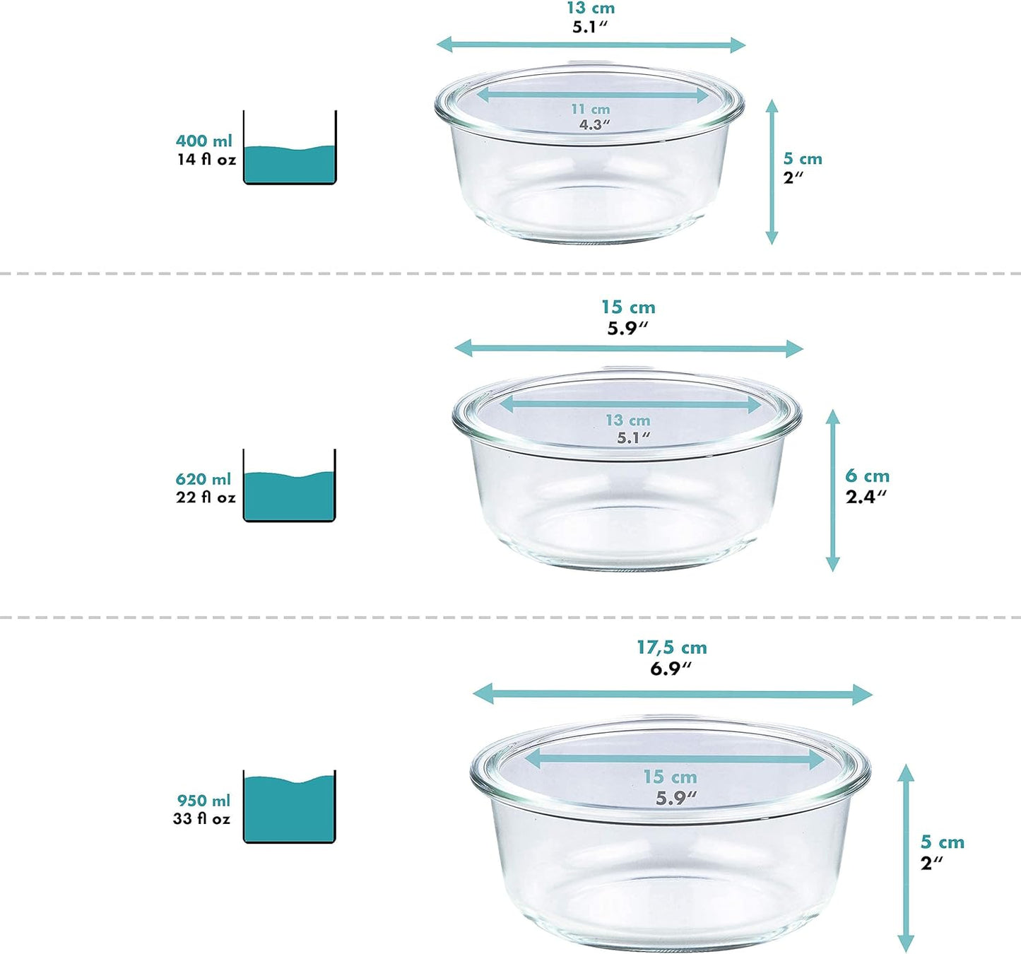 Glas-Frischhaltedosen Set (3 Stück), 1 x 400 ml, 1 x 620 ml, 1 x 950 ml Rund