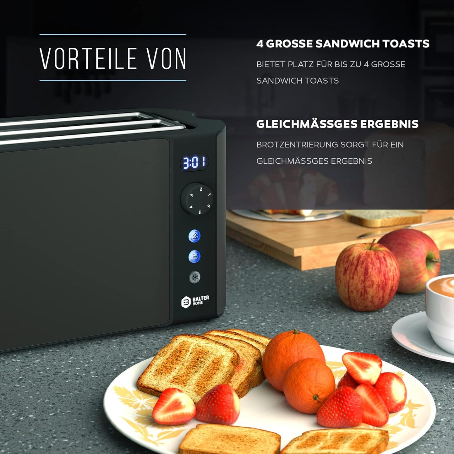 Toaster mit Langschlitz und LCD-Anzeige, Grau