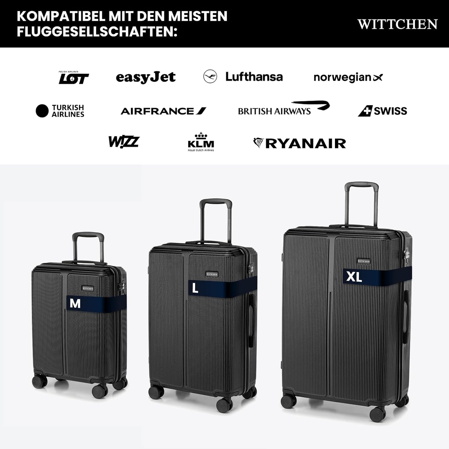 Hartschalen-Kofferset mit Kosmetiktasche (S-XL), Schwarz Kofferset (S, M, L, XL)