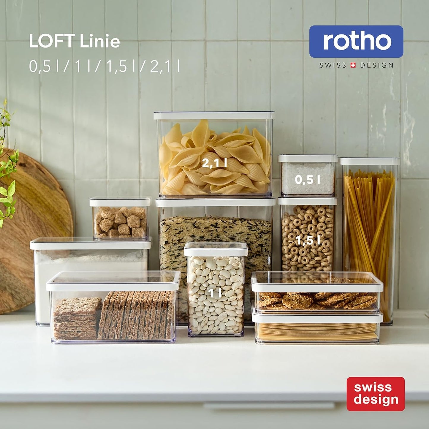 12-teiliges Vorratsdosen-Set mit Deckel, stapelbar, spülmaschinenfest, Loft Serie, 40 x 21.5 cm Transparent/Weiss