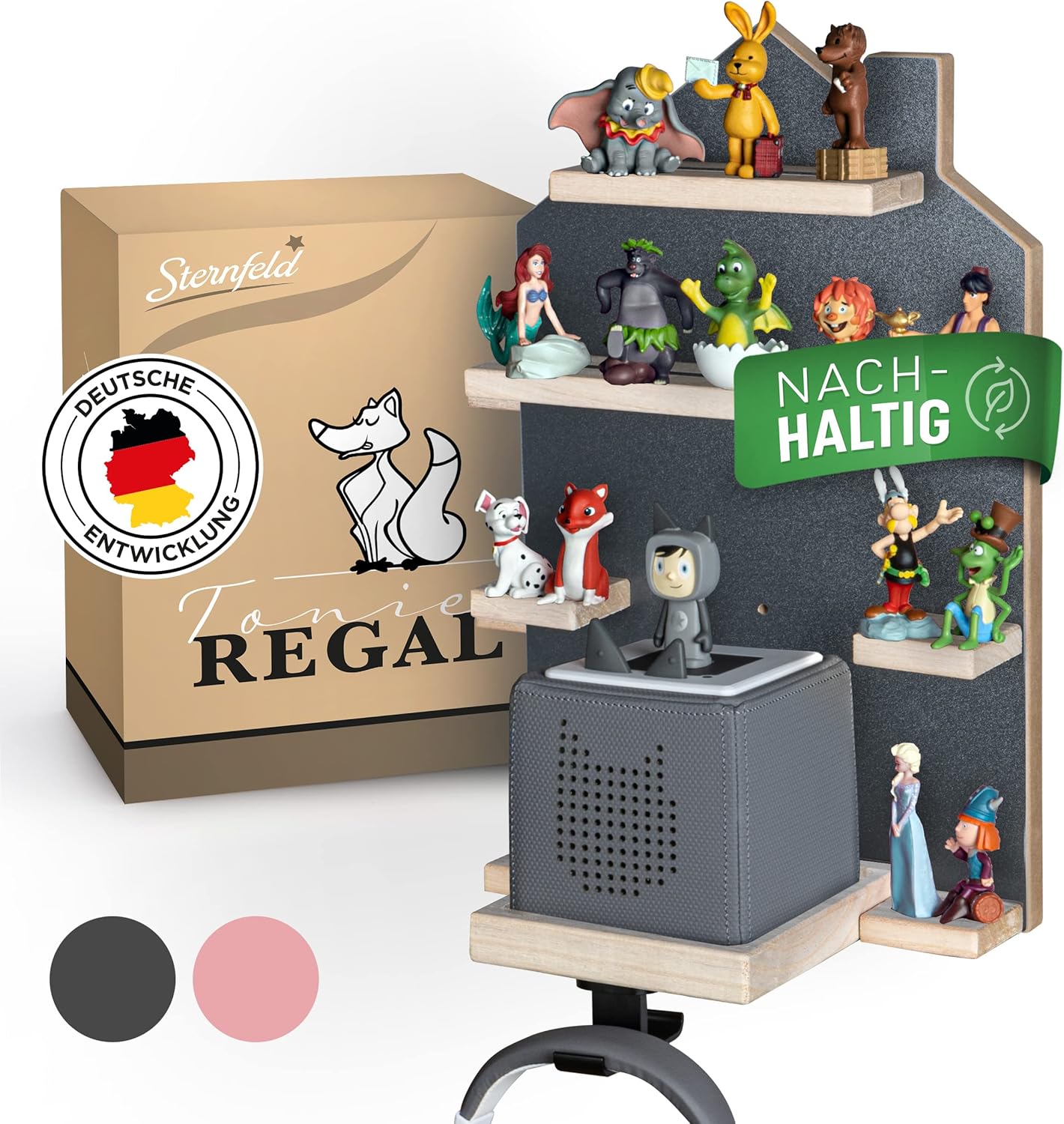 Magnetisches Regal für Tonie-Hörfiguren und Tonie Box, Grau für 32 Tonies
