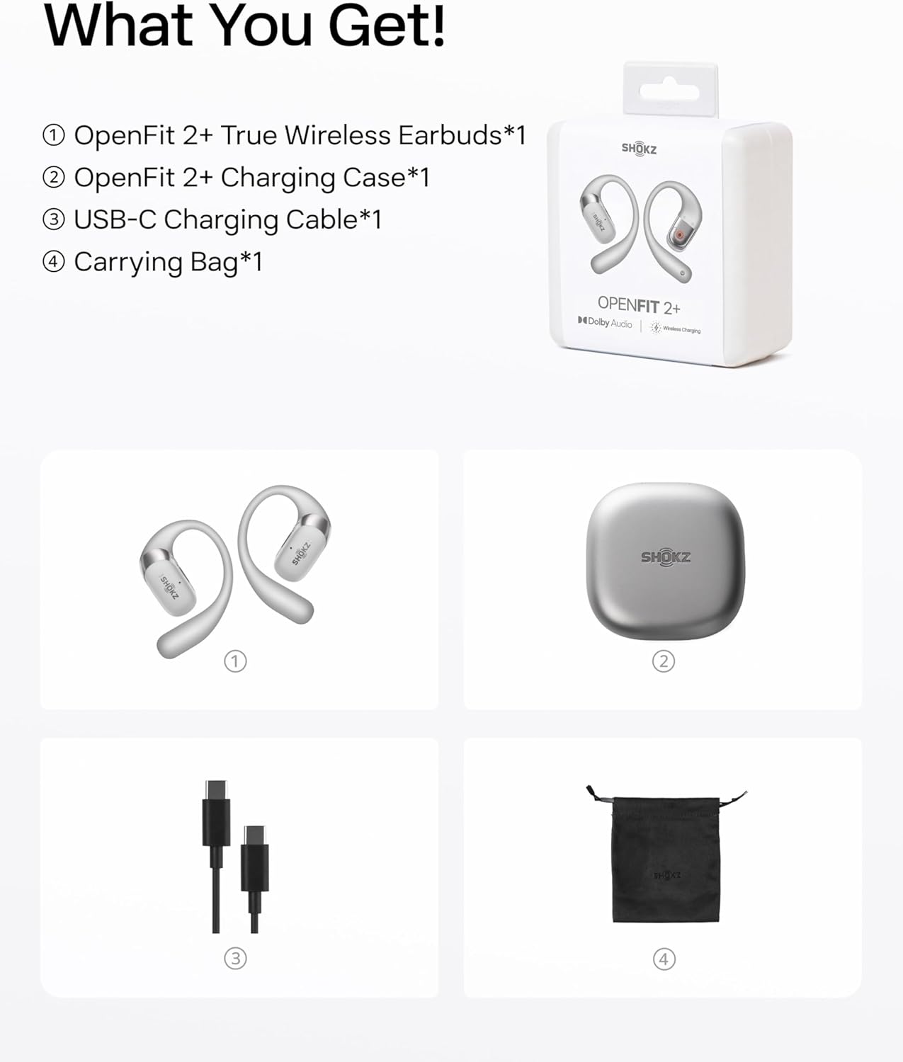 OpenFit 2+ Open-Ear-Kopfhörer, Typ-C-Laden &kabelloses Laden+ Dolby Audio Grau