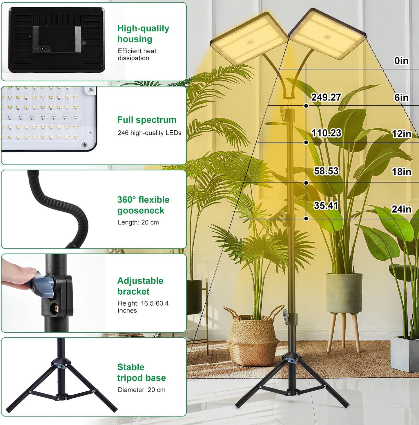 LED-Pflanzenlampe mit Ständer & Timer, Doppelköpfig mit Ständer