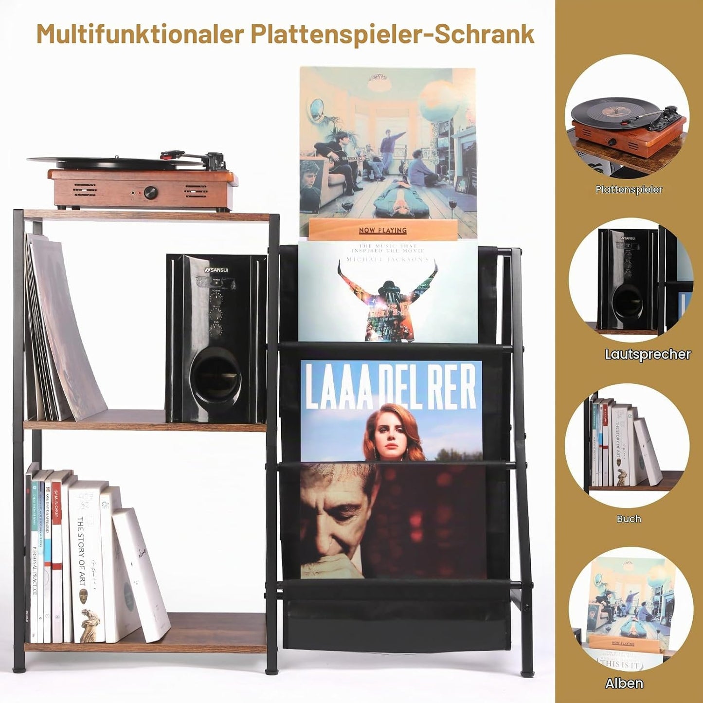 Plattenspieler-Tisch mit Vinyl-Aufbewahrung, Rustikales Braun+schwarz