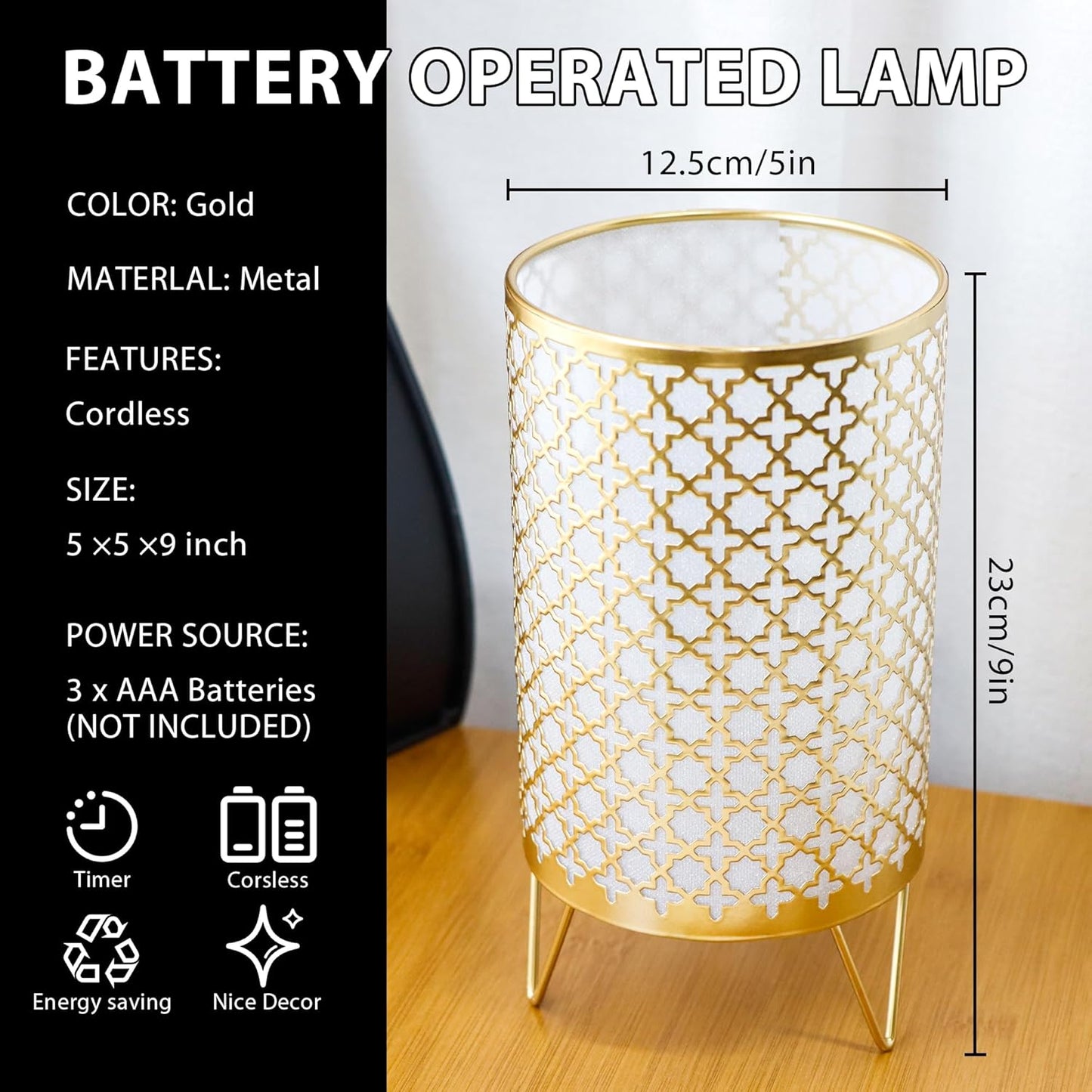 2er-Set Batteriebetriebene Tischlampe mit Timer, Gold