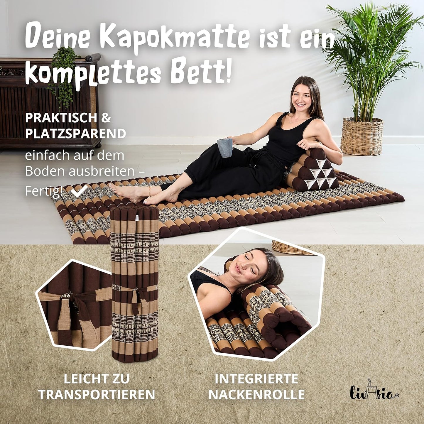 Rollmatte Rollmatratze für Gäste und Reisen 200x110cm, L (200 x 110 cm) Braun/Elefanten