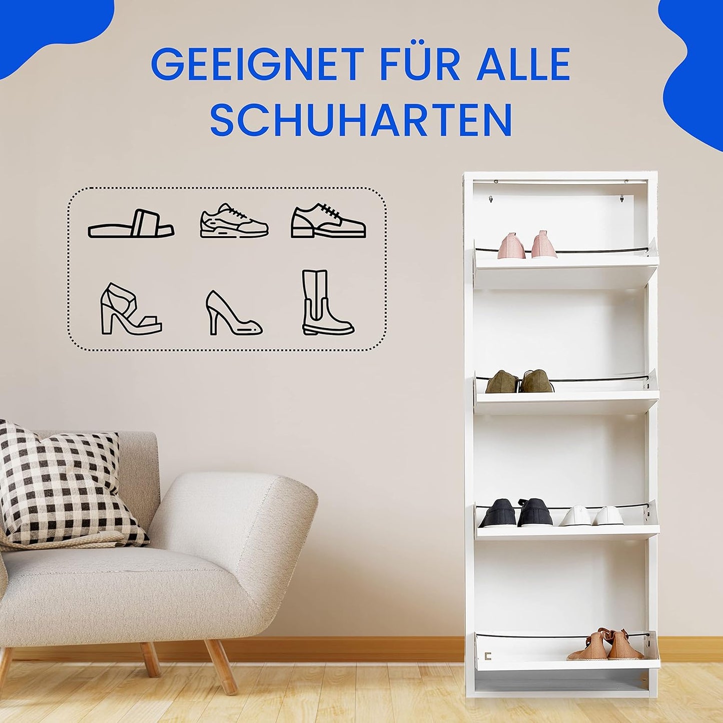 Schuhregal mit 4 Klappen für Wandmontage, 4 Klappen Weiß