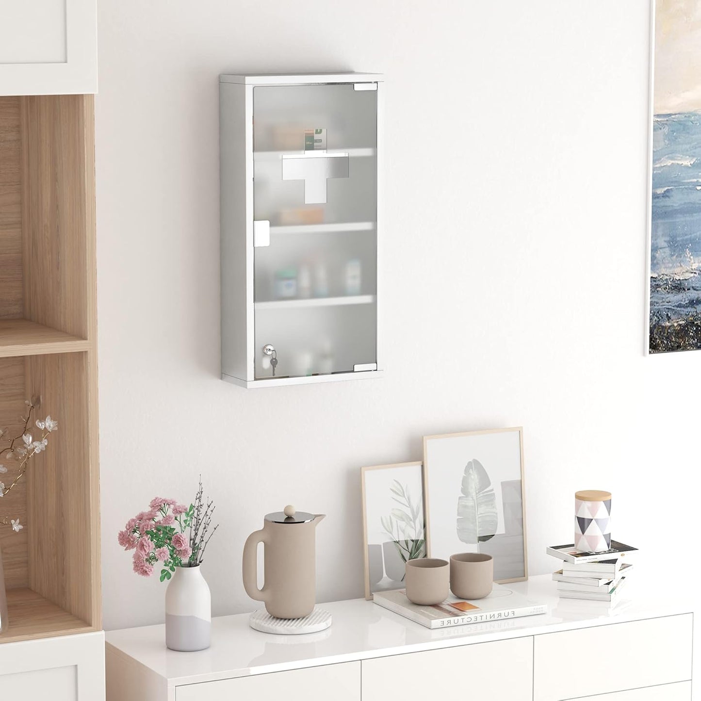 Abschliessbarer Medizinschrank mit 4 Fächern, Silber B30 x T12 x H60 cm