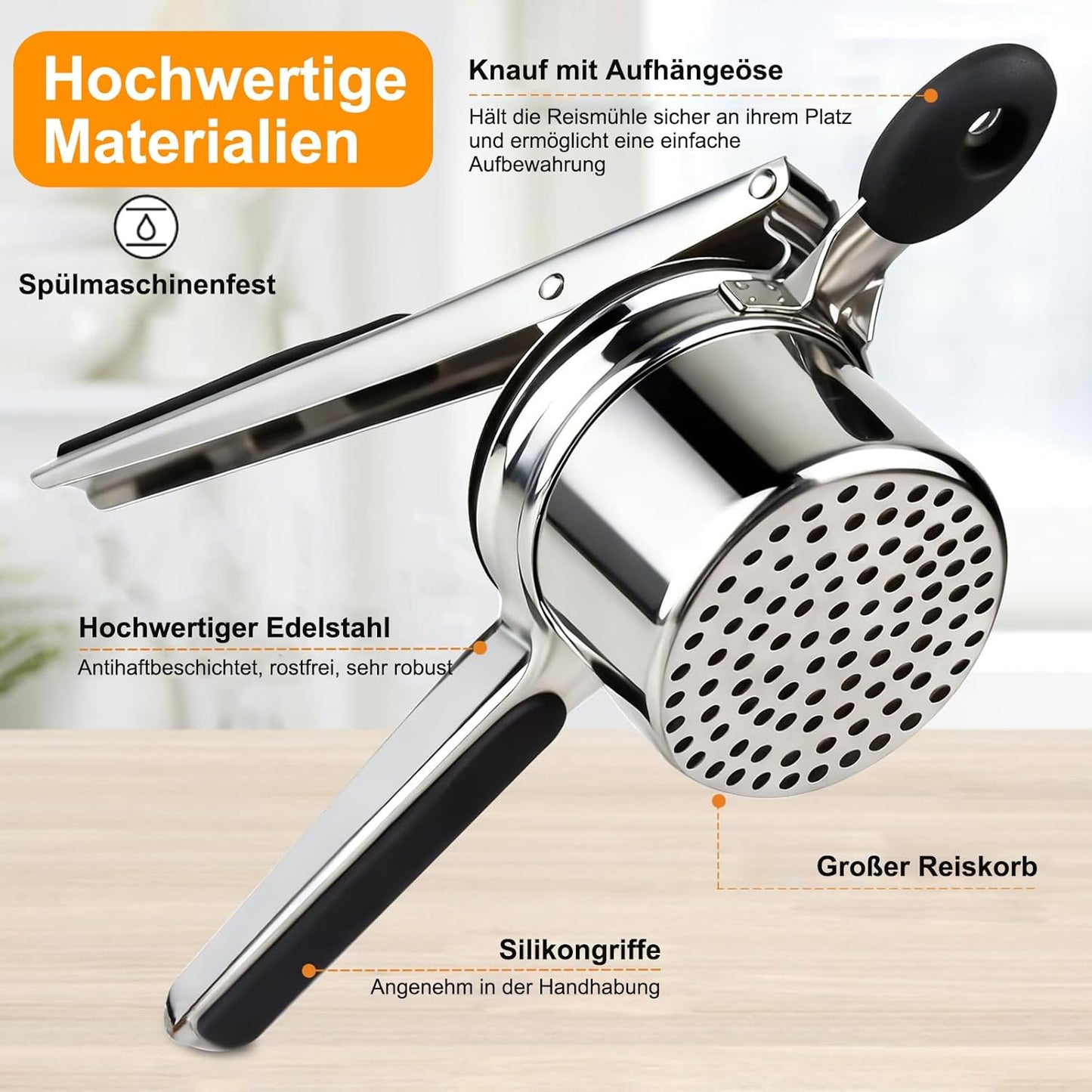 Kartoffelpresse mit 4 Schneidplatten und Zubehör