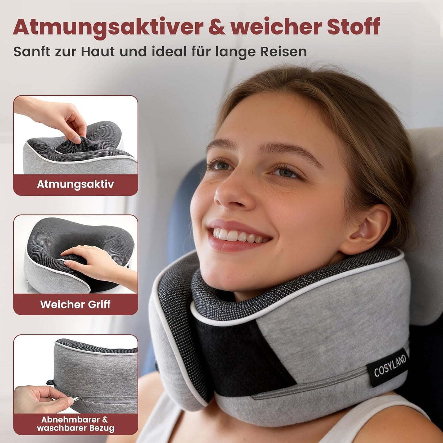 Reisekissen 360° Memory Foam mit Zubehör-Set, Grau