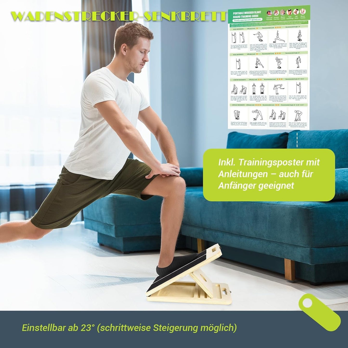Wadendehner Schrägbrett mit Trainingsposter, Naturholzfarbe
