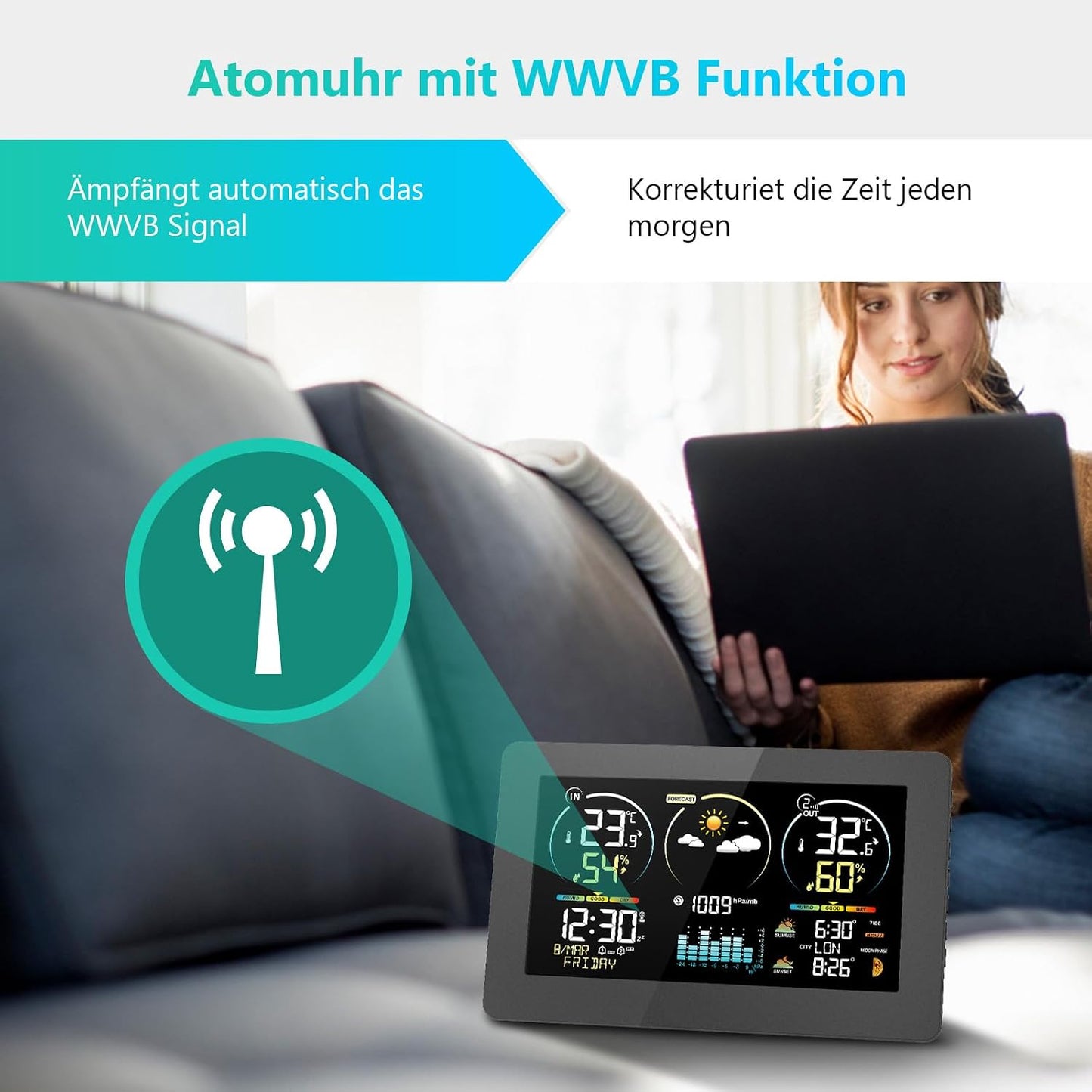 Funk-Wetterstation mit Aussensensor und Farbdisplay, Anthrazit