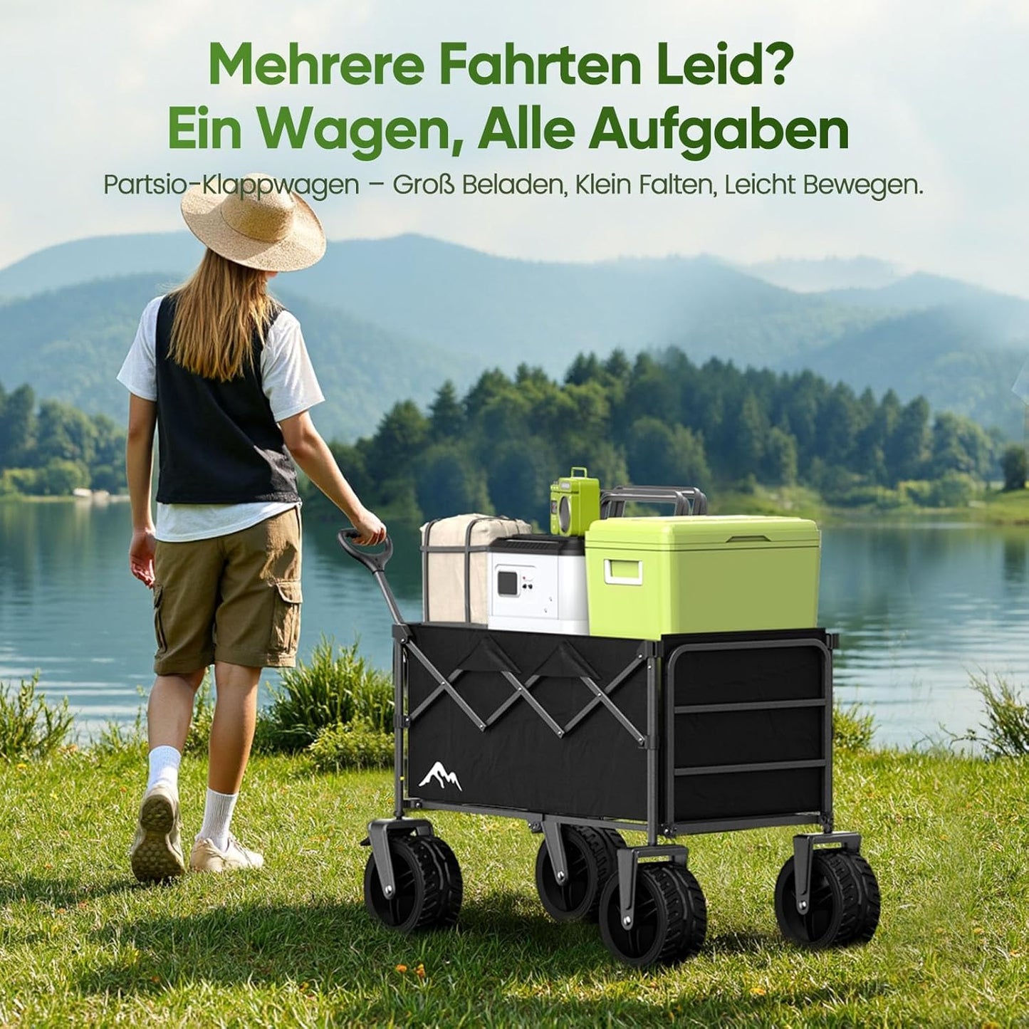 Faltbarer Bollerwagen mit 360° Rädern, Schwarz