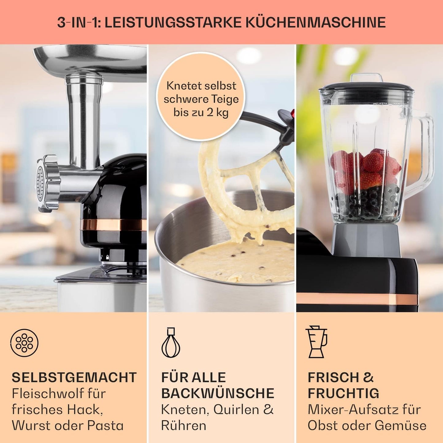 Knetmaschine mit Fleischwolf, Elegant Schwarz