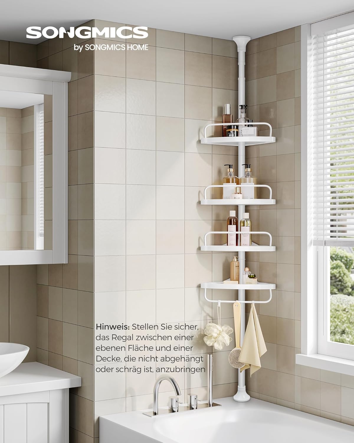 Teleskop-Duschregal mit 4 Ablagen (85-305 cm), Weiss/Flyaway Orchidee
