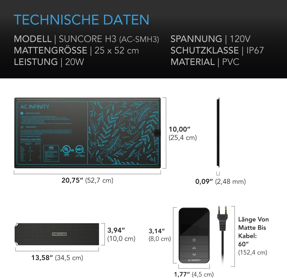 Heizmatte mit digitalem Thermostat, 25 x 52,7 cm, Digital Thermostat
