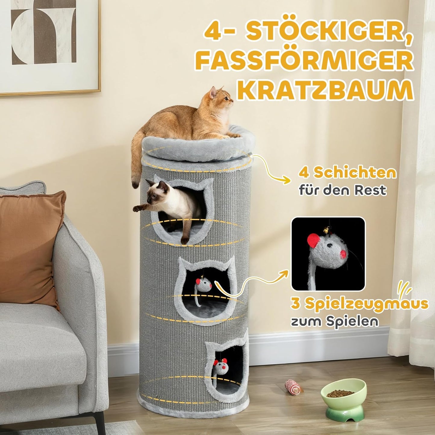 Kratztonne mit Plüschbett und Höhlen, Grau