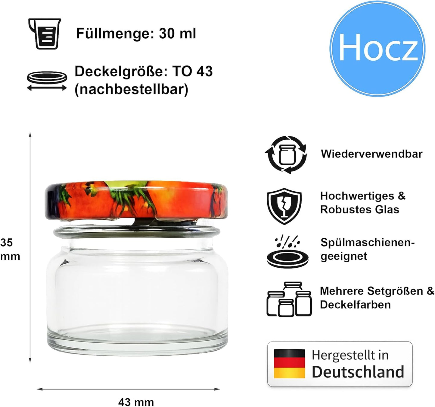 Mini Marmeladengläser-Set mit Schraubdeckel (12 Stück, 30 ml), Obst 30 ml 12