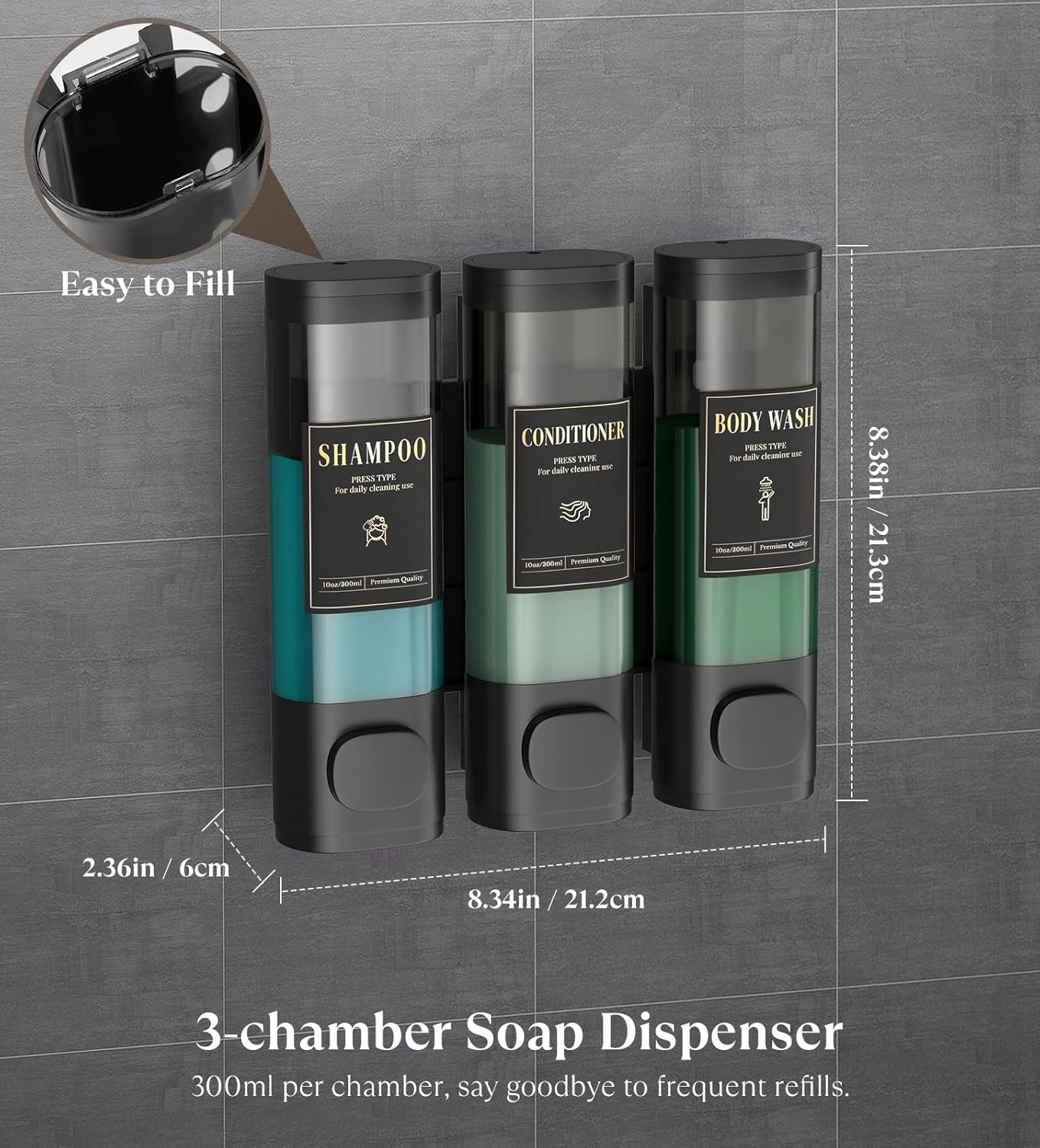 Duschseifenspender mit 3 Kammern, bohrerlos, Schwarz