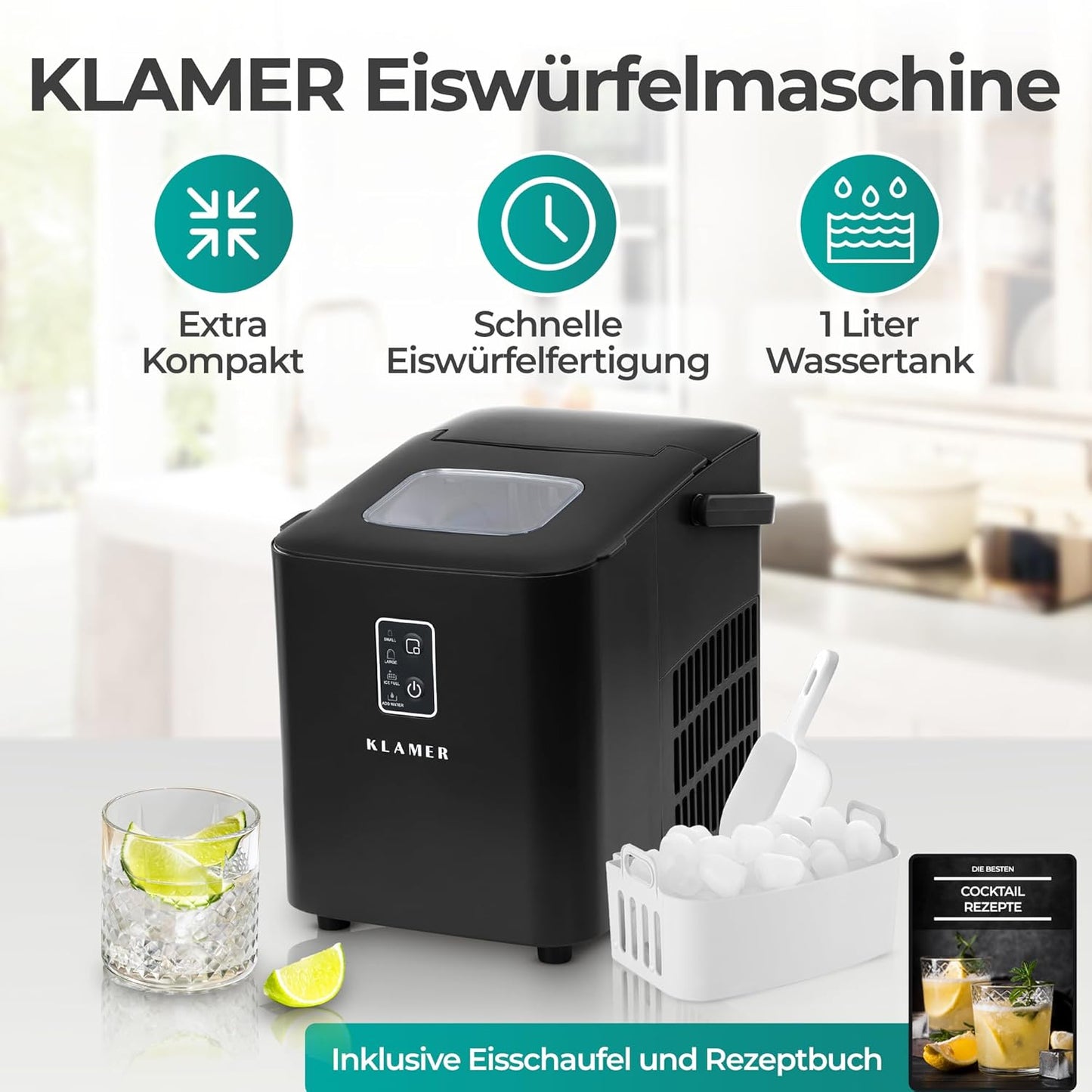Eiswürfelmaschine, Schwarz 1L