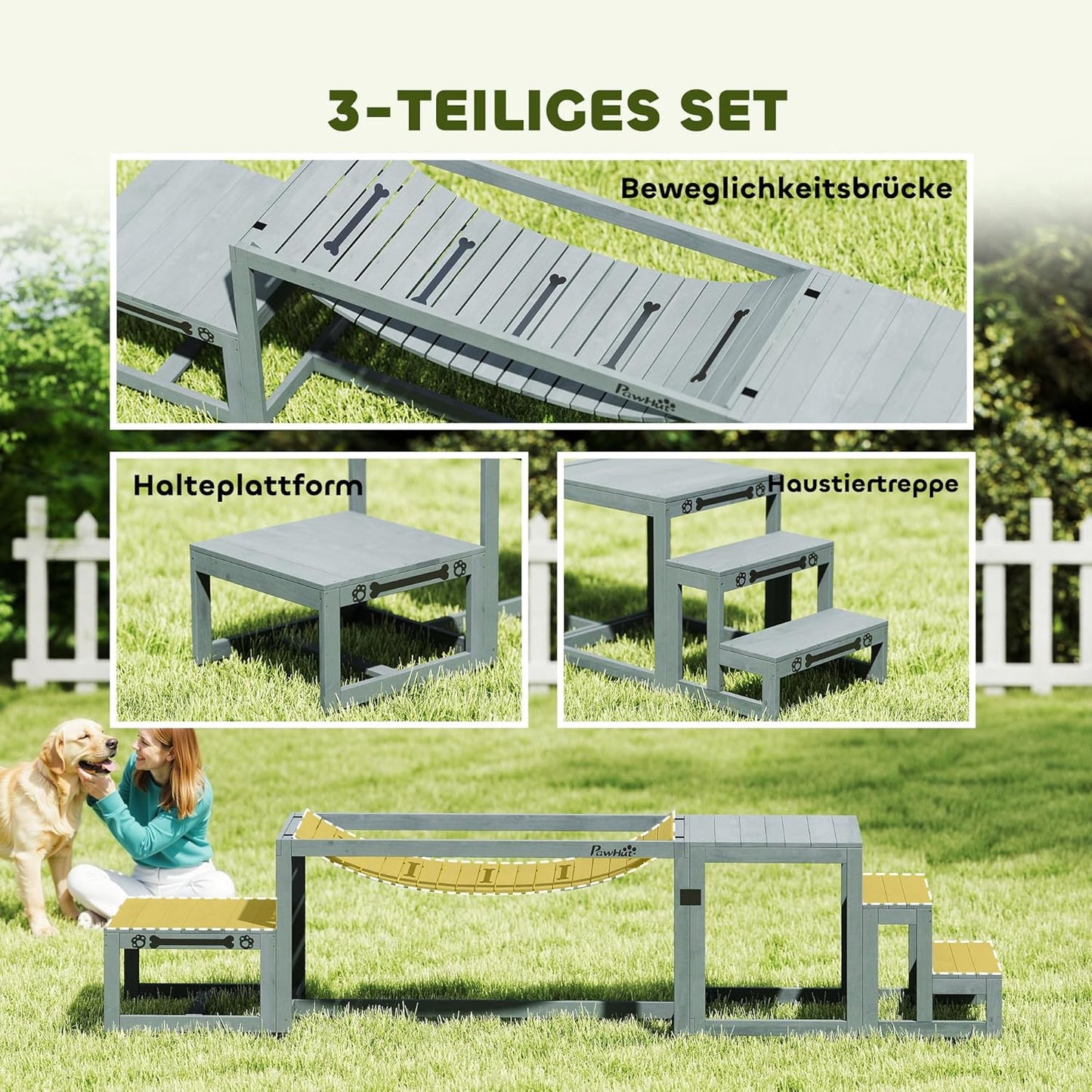 Hunde Agility-Set mit Brücke und Treppe, 3-teilig, bis 40 kg, Grau