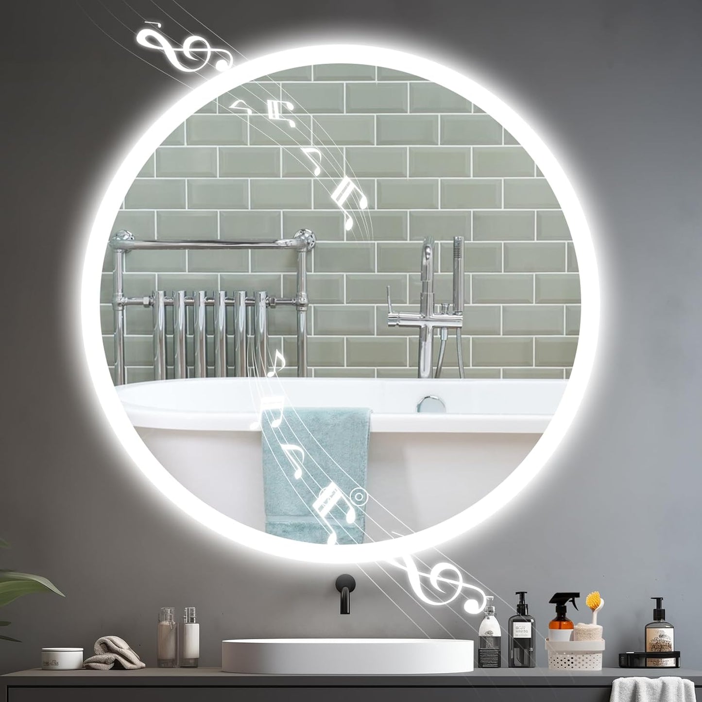 Runder LED-Badspiegel mit Bluetooth und Touchschalter, Bluetooth+ Beschlagfrei+ 3 Lichtfarbe+ Dimmbar 70L x 70B cm
