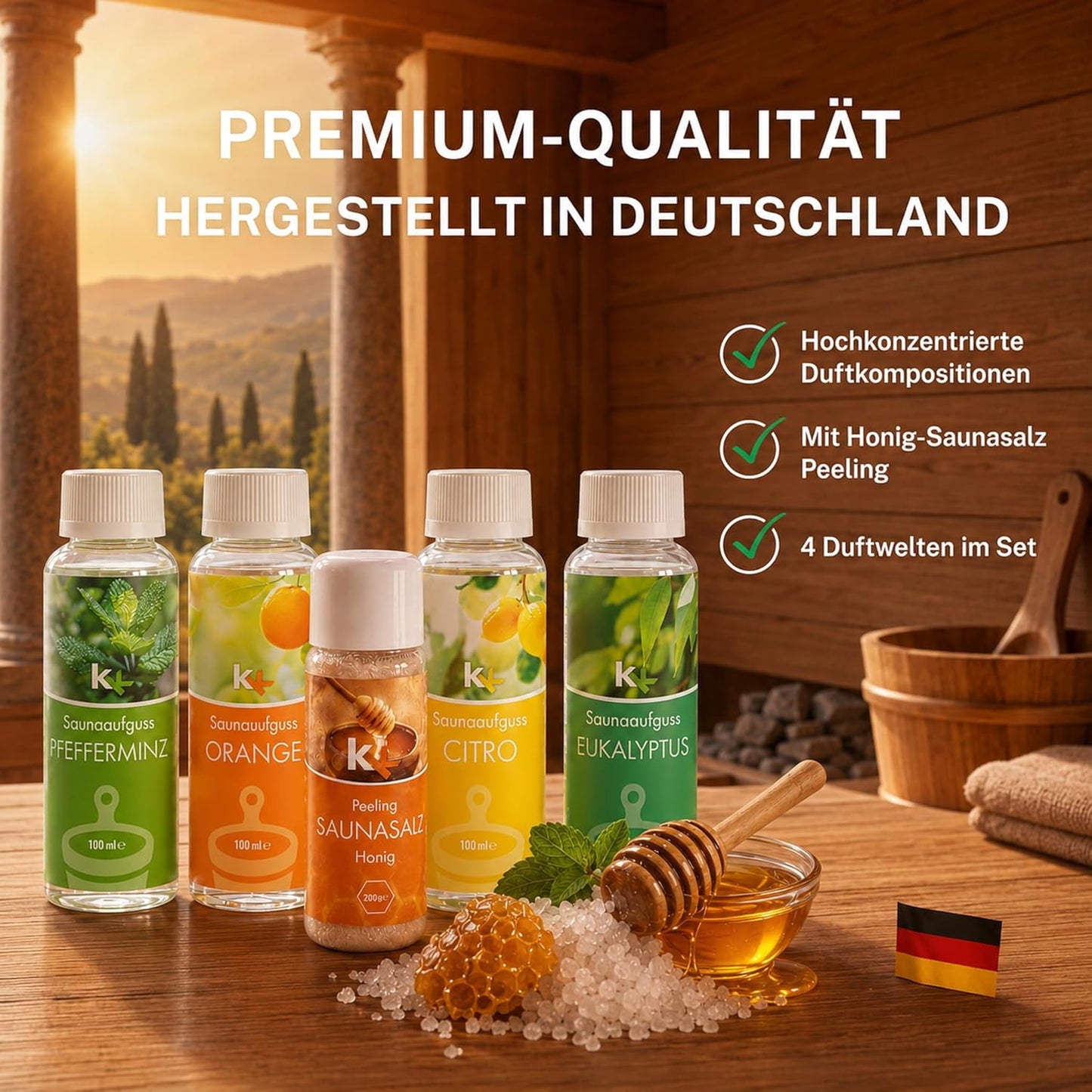 Saunaaufguss Geschenkset Toskana mit Honig Peeling, 4x100ml, Toskana