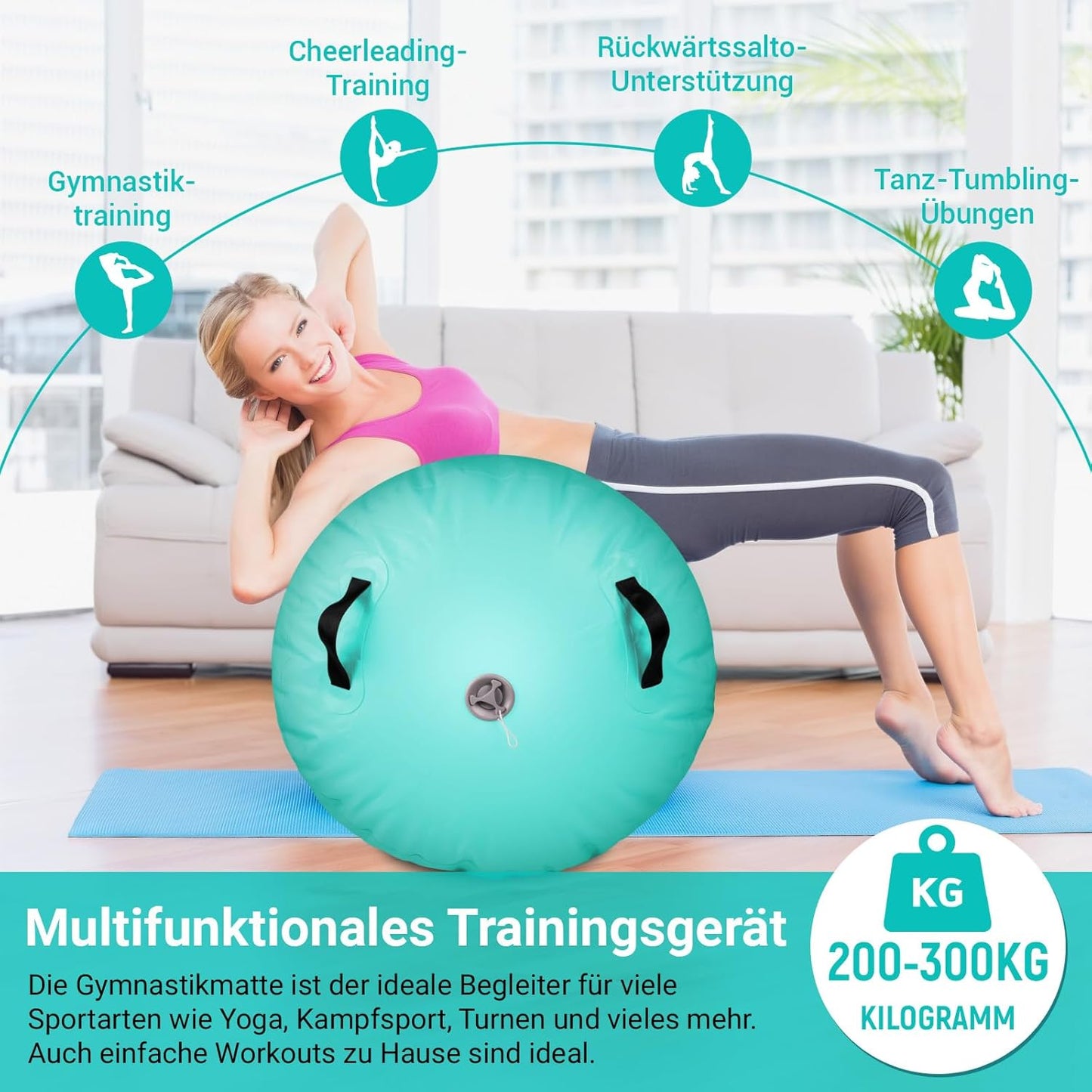Aufblasbare Gymnastikrolle mit Luftpumpe, 120x75cm(Grün)