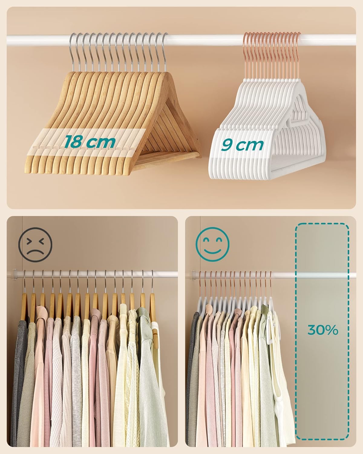 Samt-Kleiderbügel-Set mit rutschfestem Design, Roségold + Weiß 30 Stück