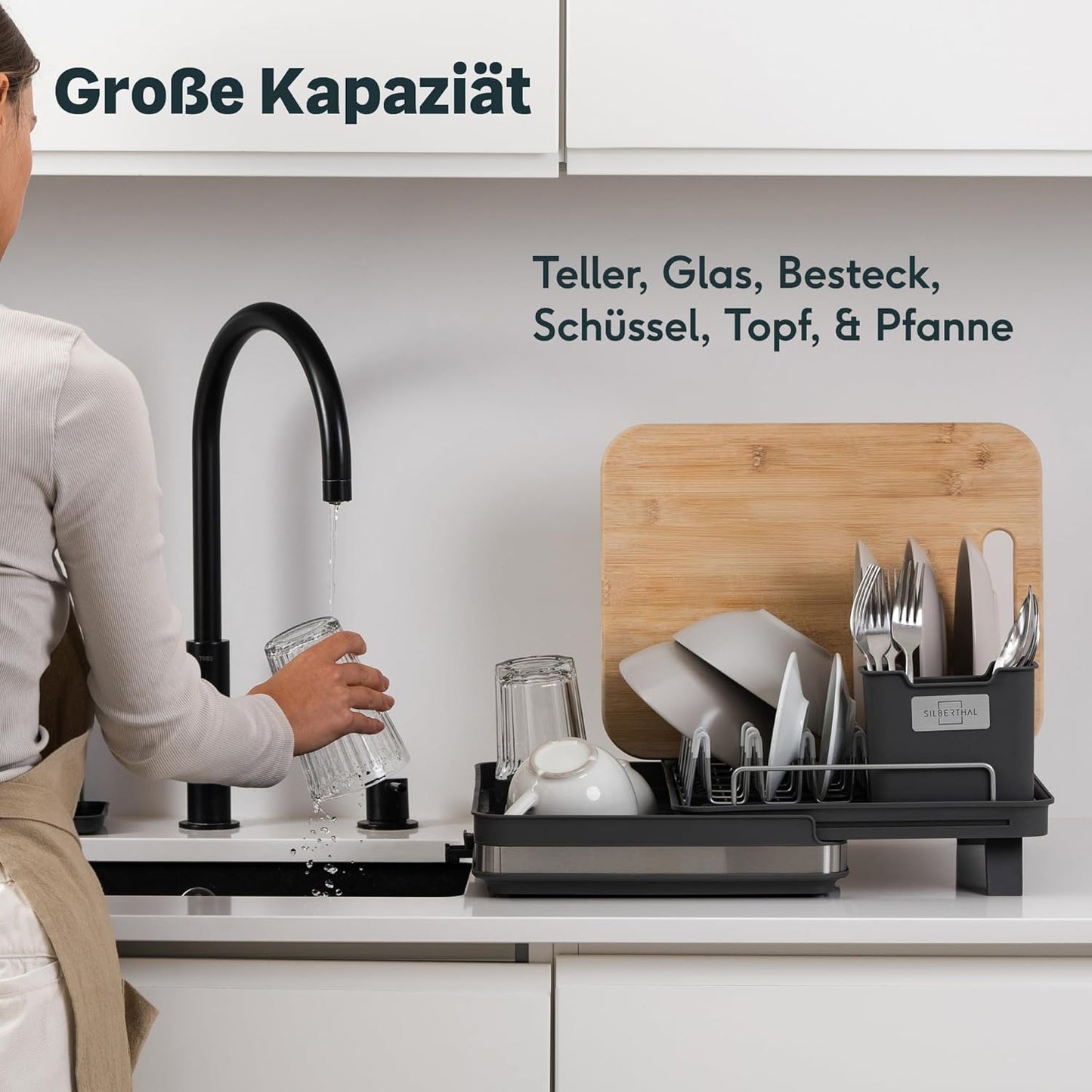 Abtropfgestell mit Abtropfschale und Besteckkasten, Ausziehbares Abtropfgestell Gross