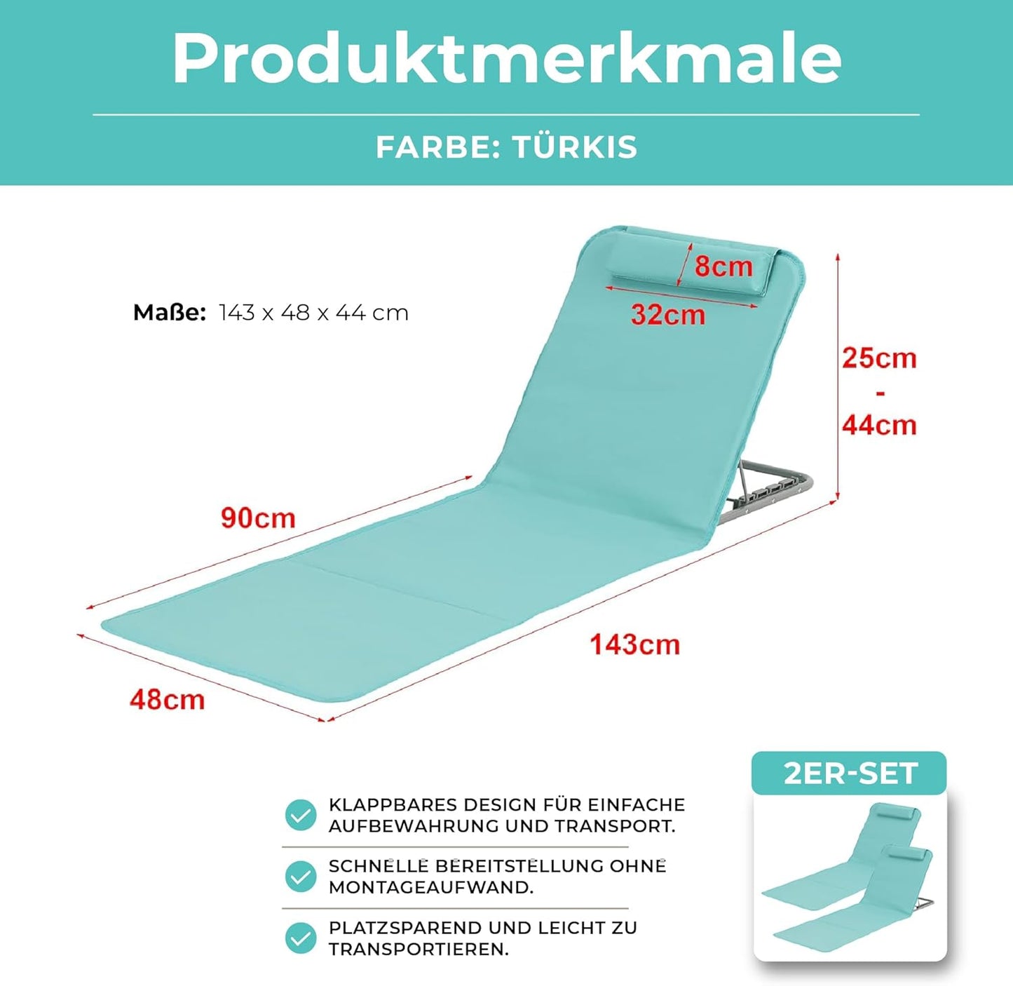 Strandmatte 2er-Set klappbar mit verstellbarer Rückenlehne, Türkis